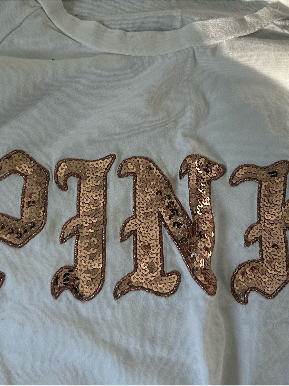 PINK Victoria's Secret White Tee with Rose Gold Sequin Letters